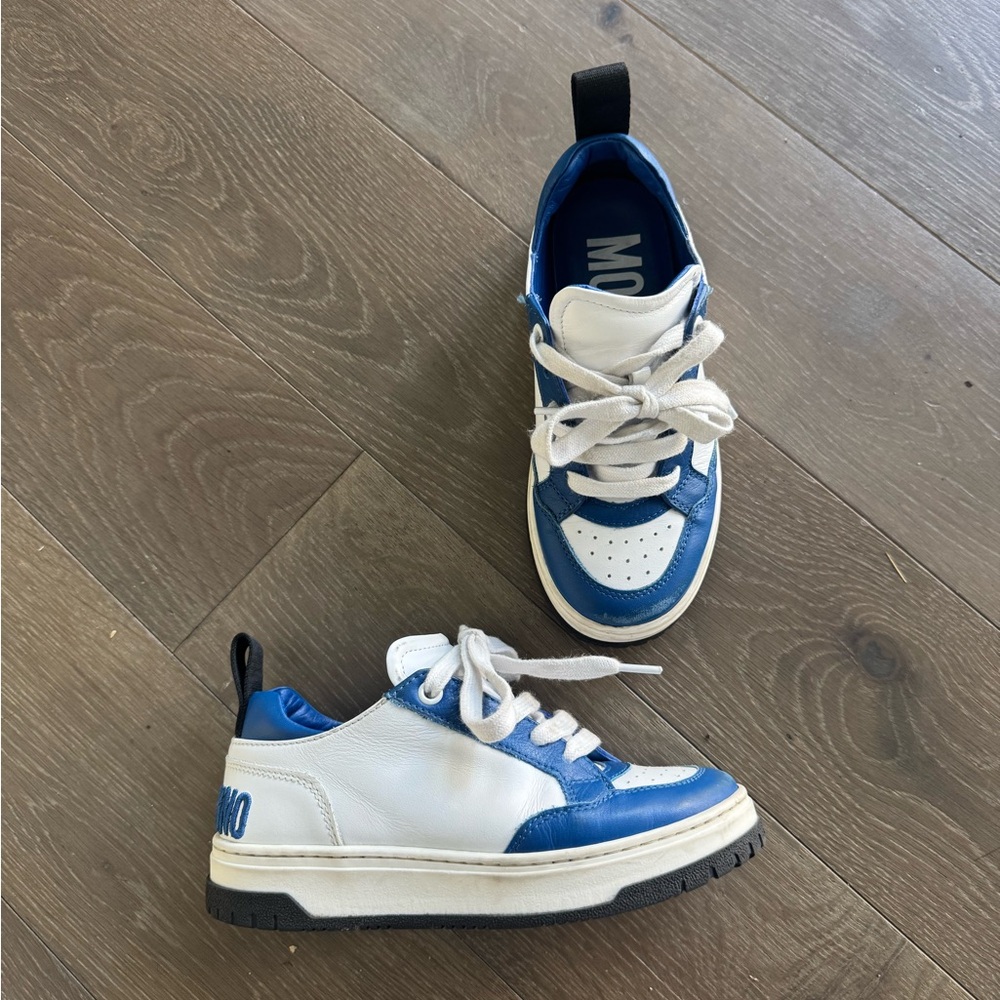 Moschino Blue and White Low-Top Leather Sneakers